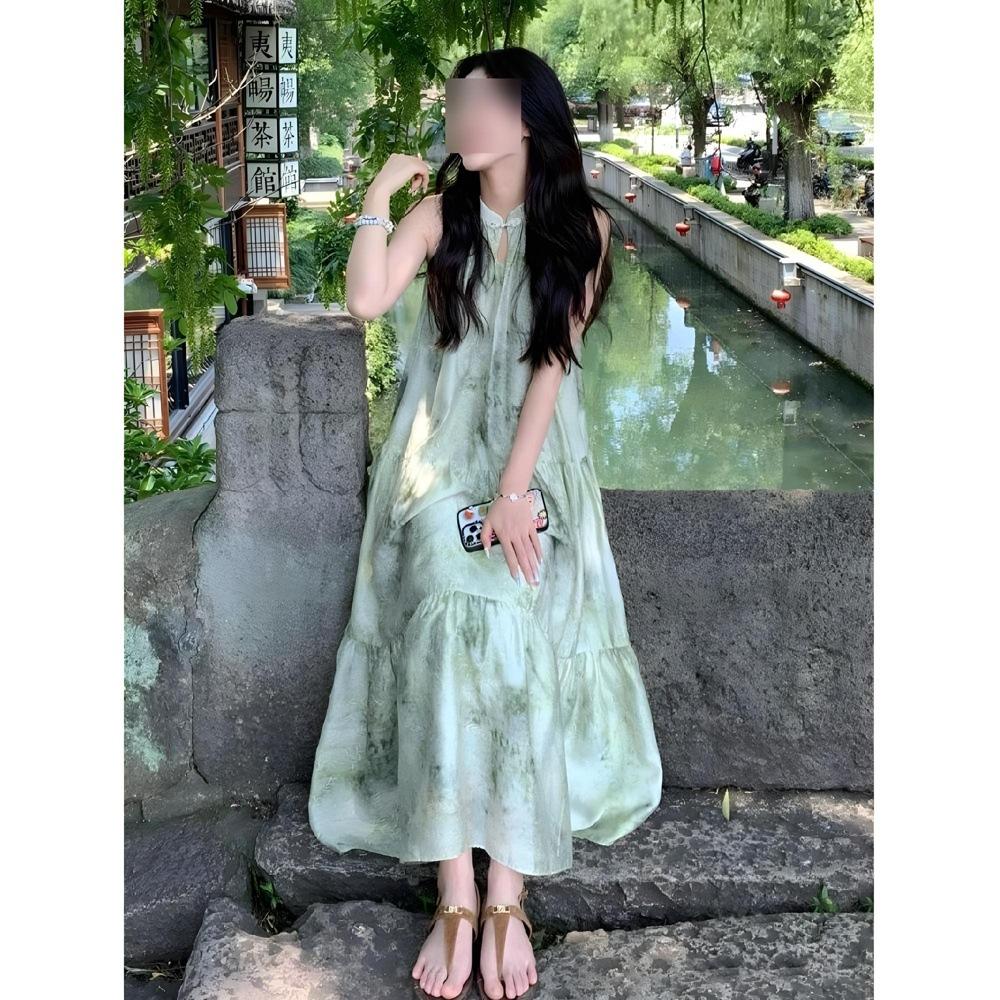 Green printed neck dress women's leisure new summer seaside vacation floral temperament long skirt