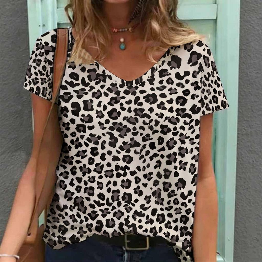 Women Print V Neck Short Sleeve Casual Loose Tunic Tops