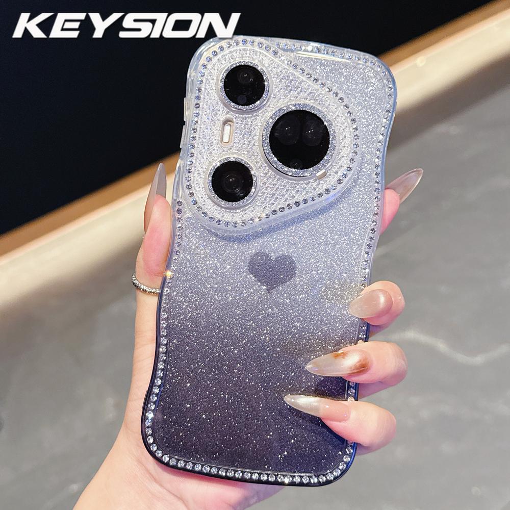 KEYSION Gradient Love Heart Wavy Phone Case for Huawei Pura 70 80 Pro 80 70 Ultra Glitter Jewelled Lens Protector Shockproof Cover