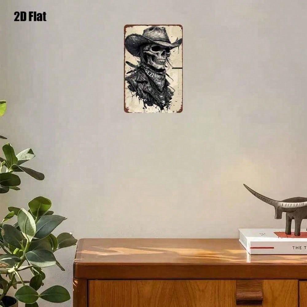 Vintage Skull Cowboy Tin Sign Rustproof UV Resistant Metal Wall Art Retro Farmhouse Home Decor 2D Flat Unframed