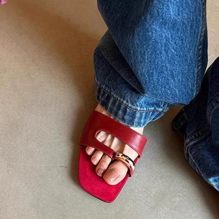 Cowhide Version~ Korean Metal Buckle Toe Cover Toe Flat Bottom One-word Slippers Women Wear Summer New Sandals