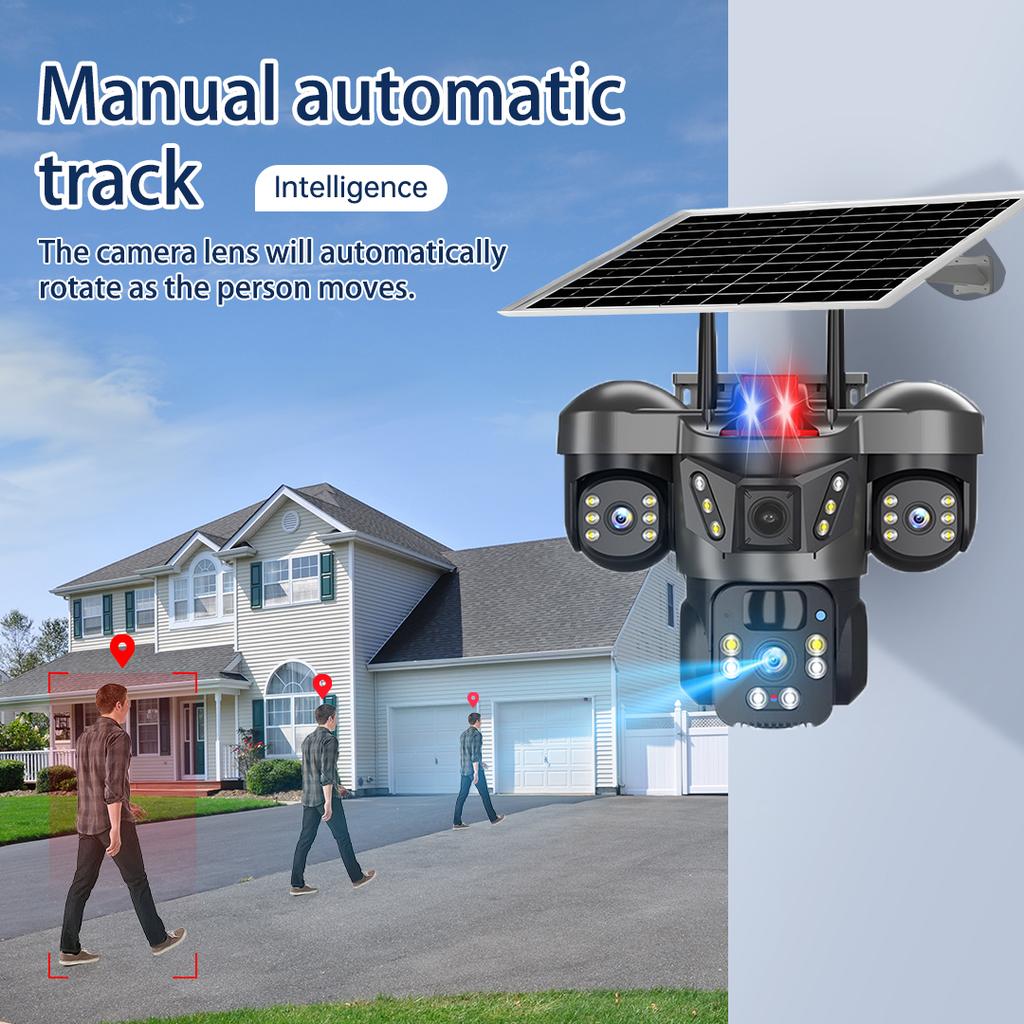 Kamera solarna OKAM PRO z trzema obiektywami 15MP HD 4G SIM CCTV IP66 Wodoodporna Dwukierunkowy dźwięk PTZ Śledzenie ruchu Kamera zewnętrzna z alarmem świetlnym