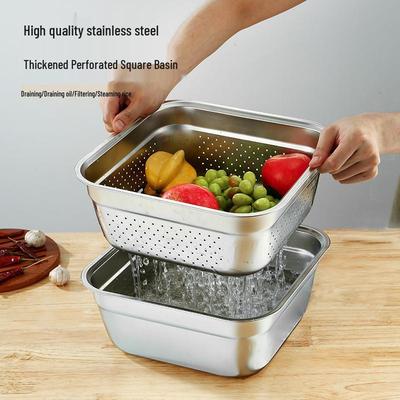304 Stainless Steel Deep Perforated Colander Basin - Square Drip Basket for Straining & Washing Vegetables/Oil/Braised Dishes
