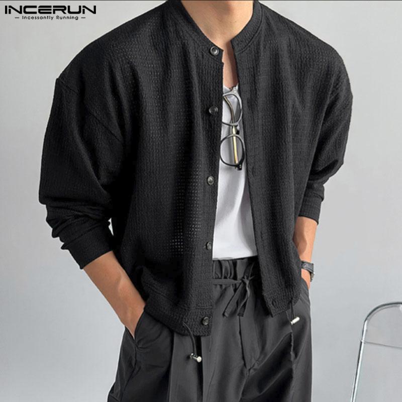 INCERUN Oversized Men Long Sleeve Hollow Webbing Casual Loose Cropped Tops Shirts