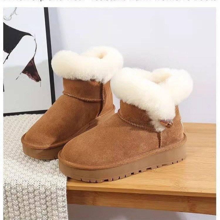 Corner buckle leather warm snow boots women's 2025 winter new matte real wool wool shoes velvet cotton shoes short boots