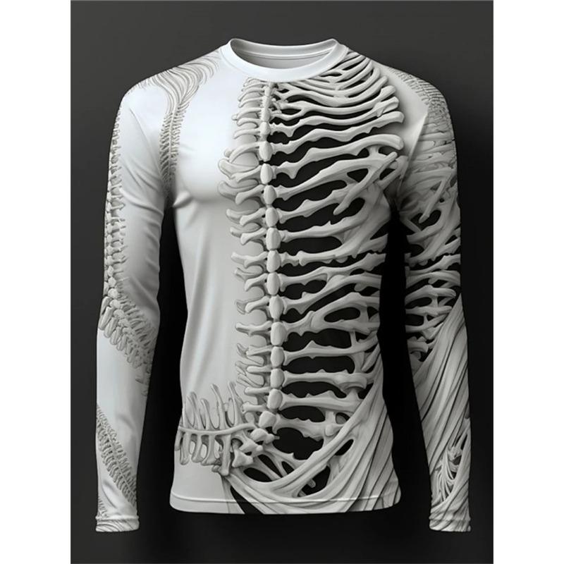 Summer Round Neck 3D Skull Pattern Printed Top, Fashionable and Casual Men's Long Sleeved T-shirts