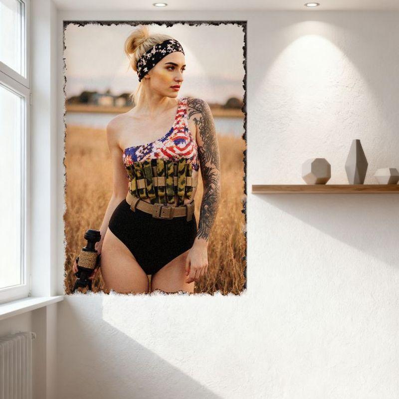 Sexy Blonde Bun Woman In Flag Camo Swimsuit Tin Sign, Vintage Metal Poster for Home Bar Pub Wall Decor, 8x12 Inch