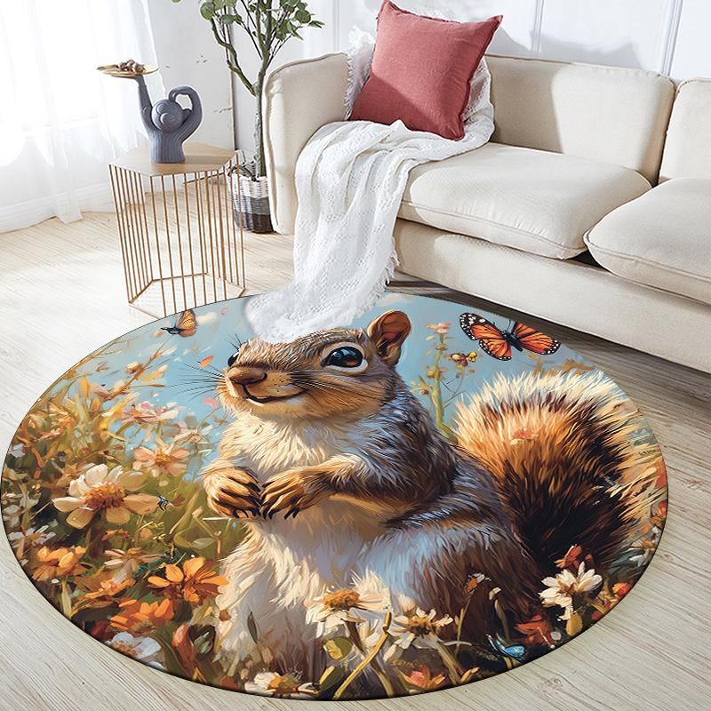 Squirrel pattern round rug,Carpet Rug for Living Room Bedroom  Playroom ,Non-slip Floor Mat,Holiday Gifts and Birthday Gifts.