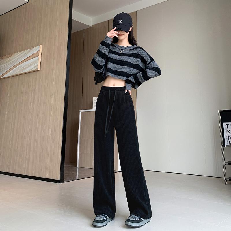 

0G mousse strip fleece wide-leg pants women s pants autumn and winter mopping trousers casual pants knitted straight-leg pants wide-leg straight-leg S