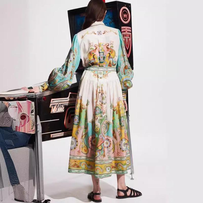 Stampa Moda Manica Lunga Manica a Palloncino Allacciato Vestito Vestito