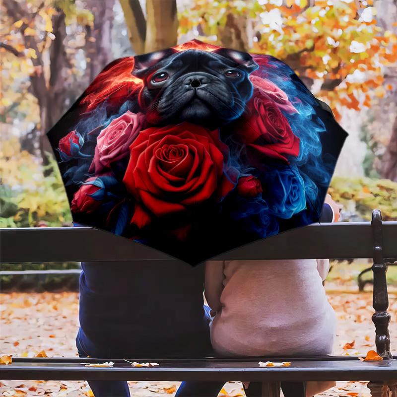 1pc Cute dog pattern Umbrella Portable Folding Umbrella Iron Frame Hole Bone Structure Outdoor Home Umbrella