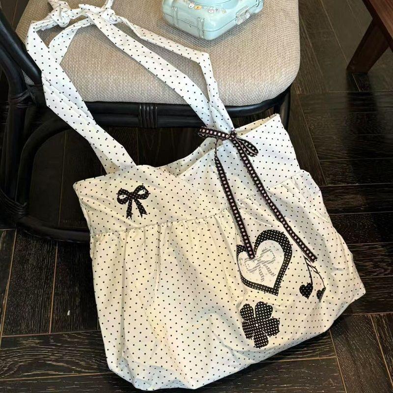 Koreanische Gepunktete Schultertasche Damen Nylon-Tragetasche Niedliche Schleife Liebe Notiz Gedruckte Tragetasche Rock Design Magnetverschluss Achseltasche