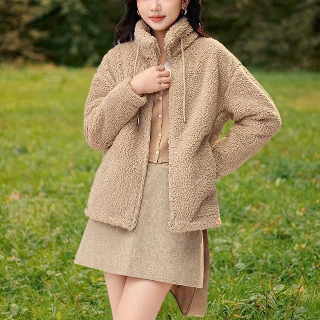 Short coral fleece jacket women's new casual versatile solid color stand-up collar trendy clothes