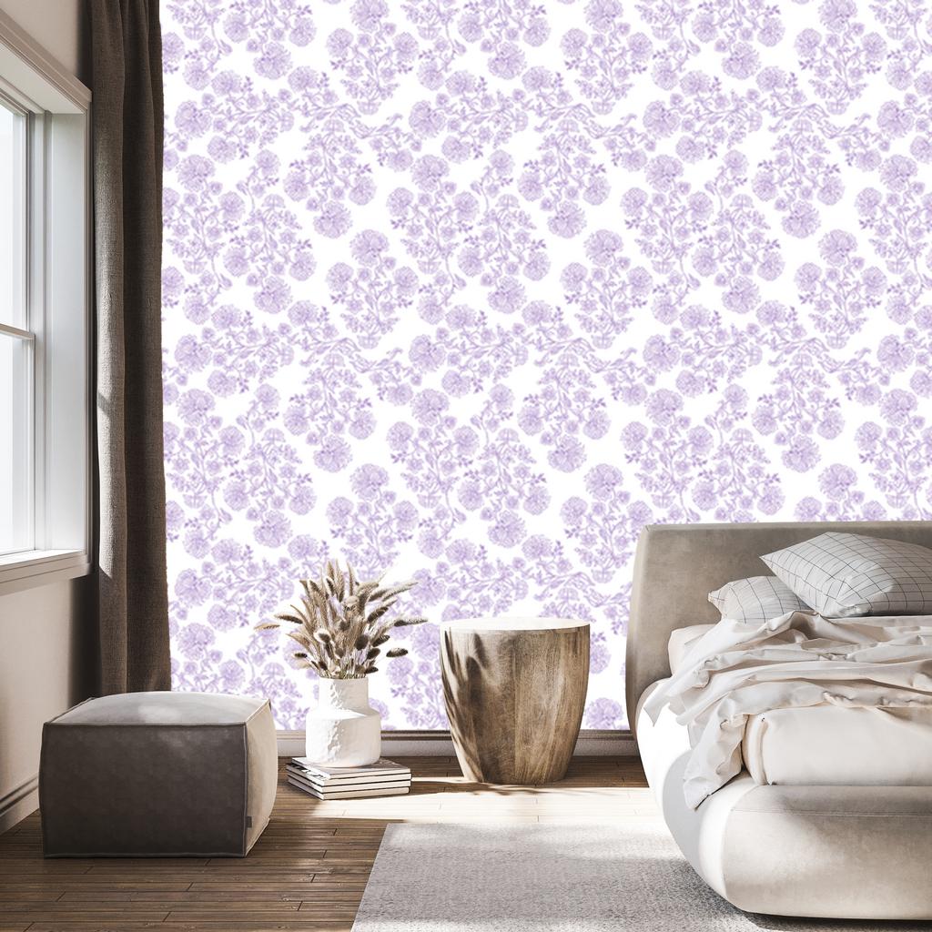 Wallpaper Flowers white and lavender, white background for living room and bedroom 50x1000