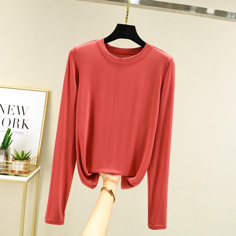 Modal Solid Basic T-skjorte O-hals Langermet Dame Høstbunn T-skjorter Alle match T-skjorte Plus size underskjorte