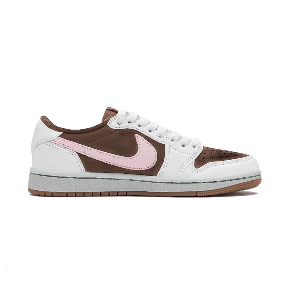 Travis Scott X Jordan Air Jordan 1 Cushioning Slip Resistant Low Top Vintage Basketball Shoes Unisex White Brown Pink DZ4137-700(Team-)