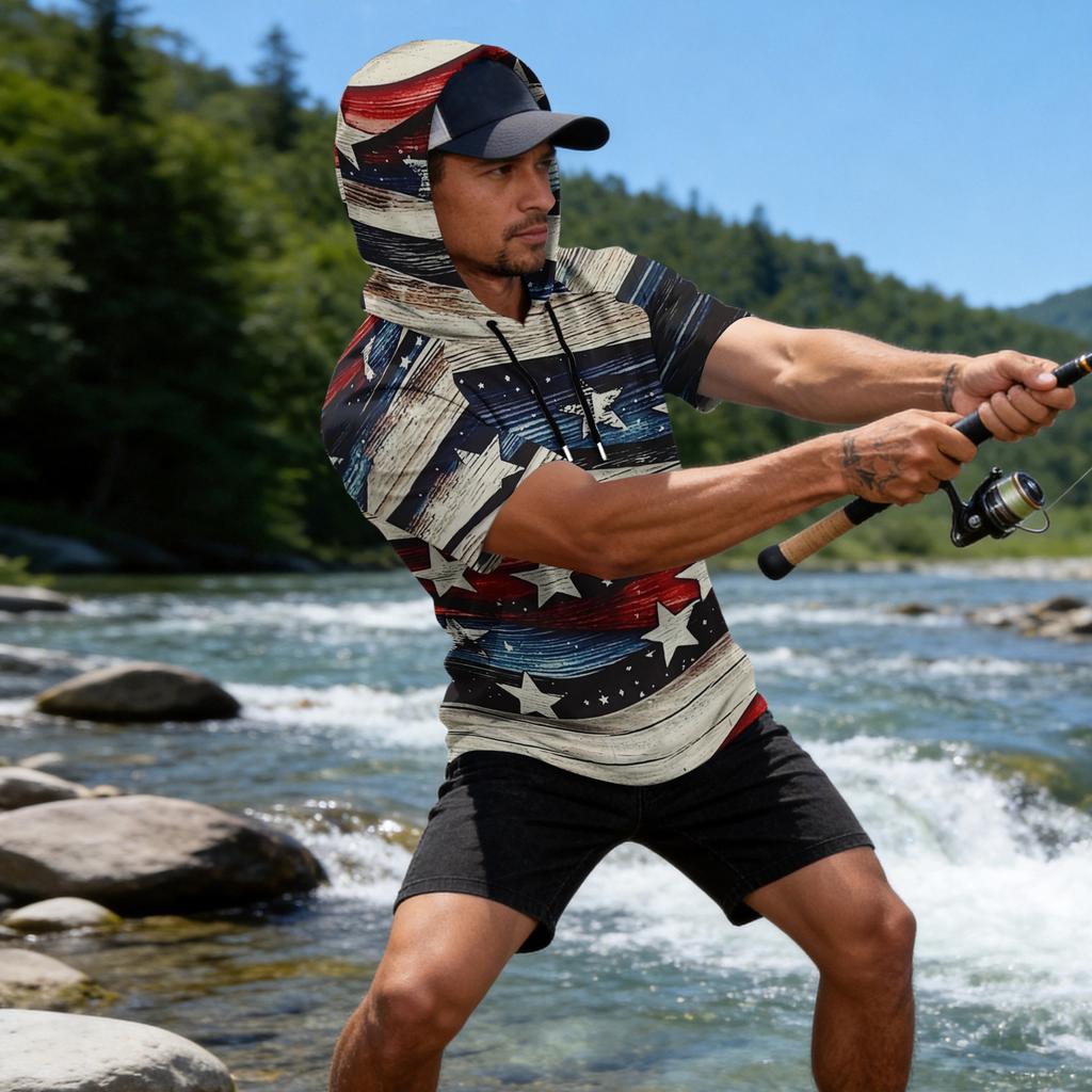 Men's Raglan Sleeve Casual Sport Hoodie Short Sleeve Lightweight Fishing Sun Protection Shirt with Hooded Design