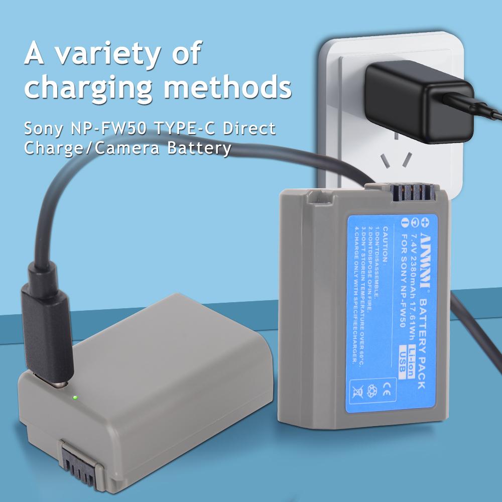 AJNWNM 7.4V 2380mAh USB NP-FW50 NP FW50 NPFW50 Battery for Sony Alpha a 6500a 6300 A6000 A5000 A3000 NEX-3 a7R a7S NEX-7