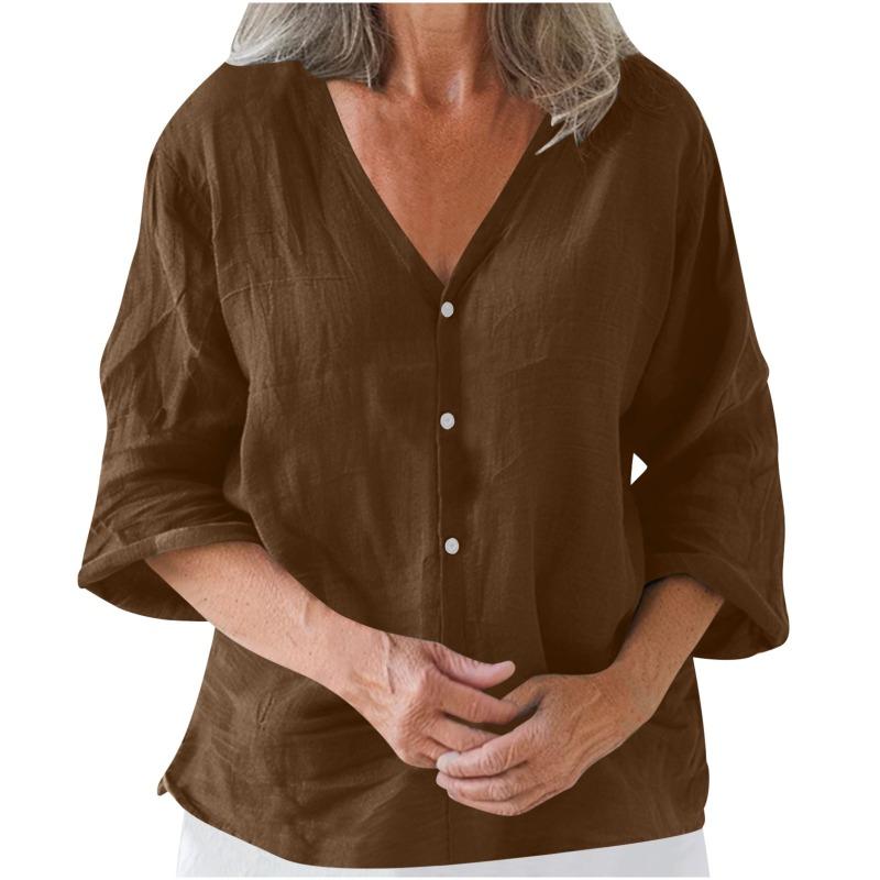 QICED Women's Fashion Casual Solid Color Print 3/4 Sleeves V Neck Blouses & Shirts