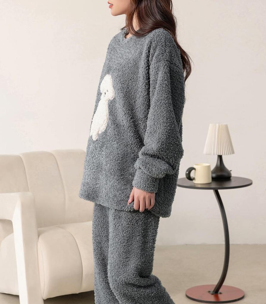 DAYCLOSET Long Sleeve Boa Top and Pants Loungewear Warm and Thick for Roomwear197 Women's 2-Piece Set, Winter, Brown,