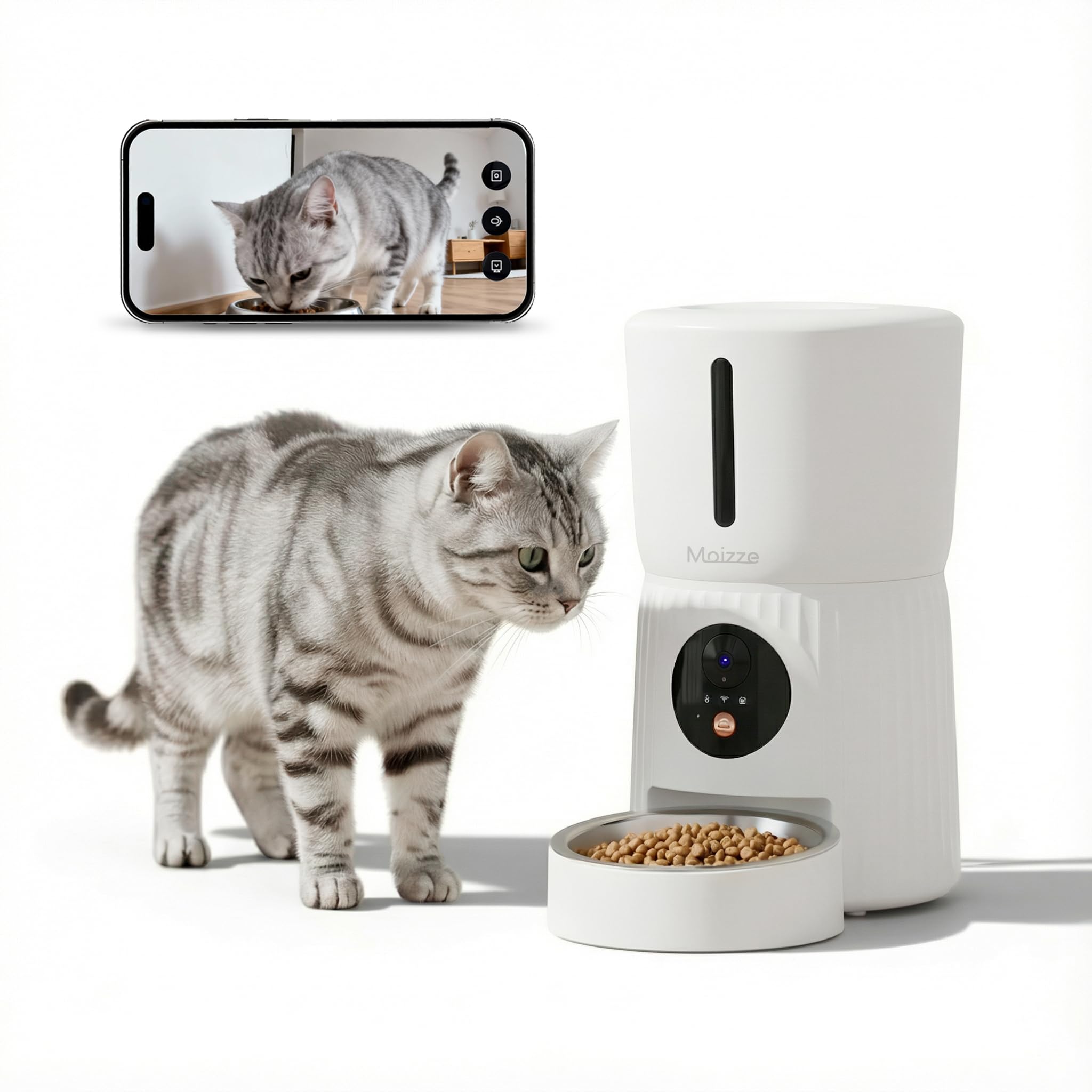 

Автоматическая кормушка для домашних животных Moizze, 4 л, с удаленным управлением через приложение для смартфона, аудио, быстрая подача корма, для собак и кошек, камера Wi-Fi, емкость, управление, белый