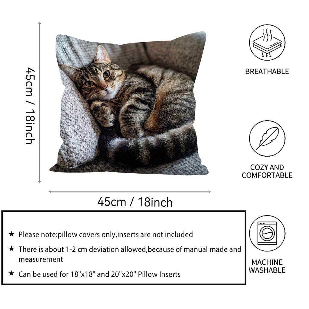 1Pc Modern Cat Pillow Cover, 18X18 Inches, Machine Washable, Zipper Polyester Pillow Cover, Suitable For Home, Living Room, Sofa