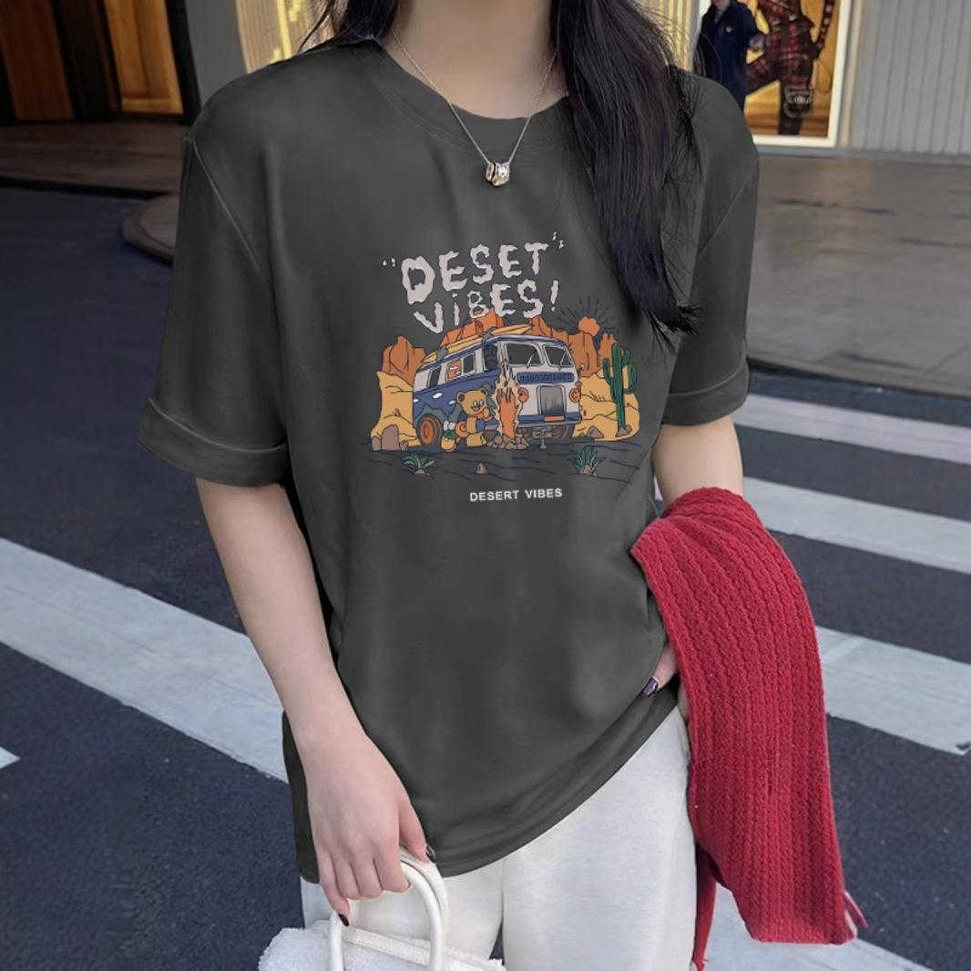 

Dark gray cotton round neck with short-sleeved T-shirt for women s 2025 spring and autumn new European goods large version medium and long top ins S