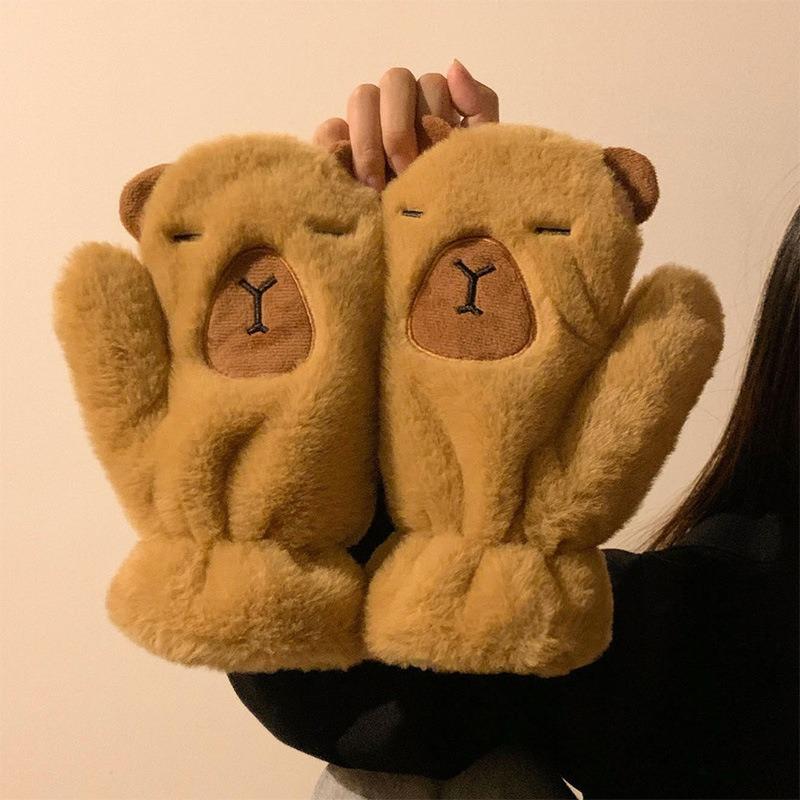 Cute plush gloves for women, plush to keep warm in winter, can hang the neck for riding, cold-proof students, all-inclusive with fingers