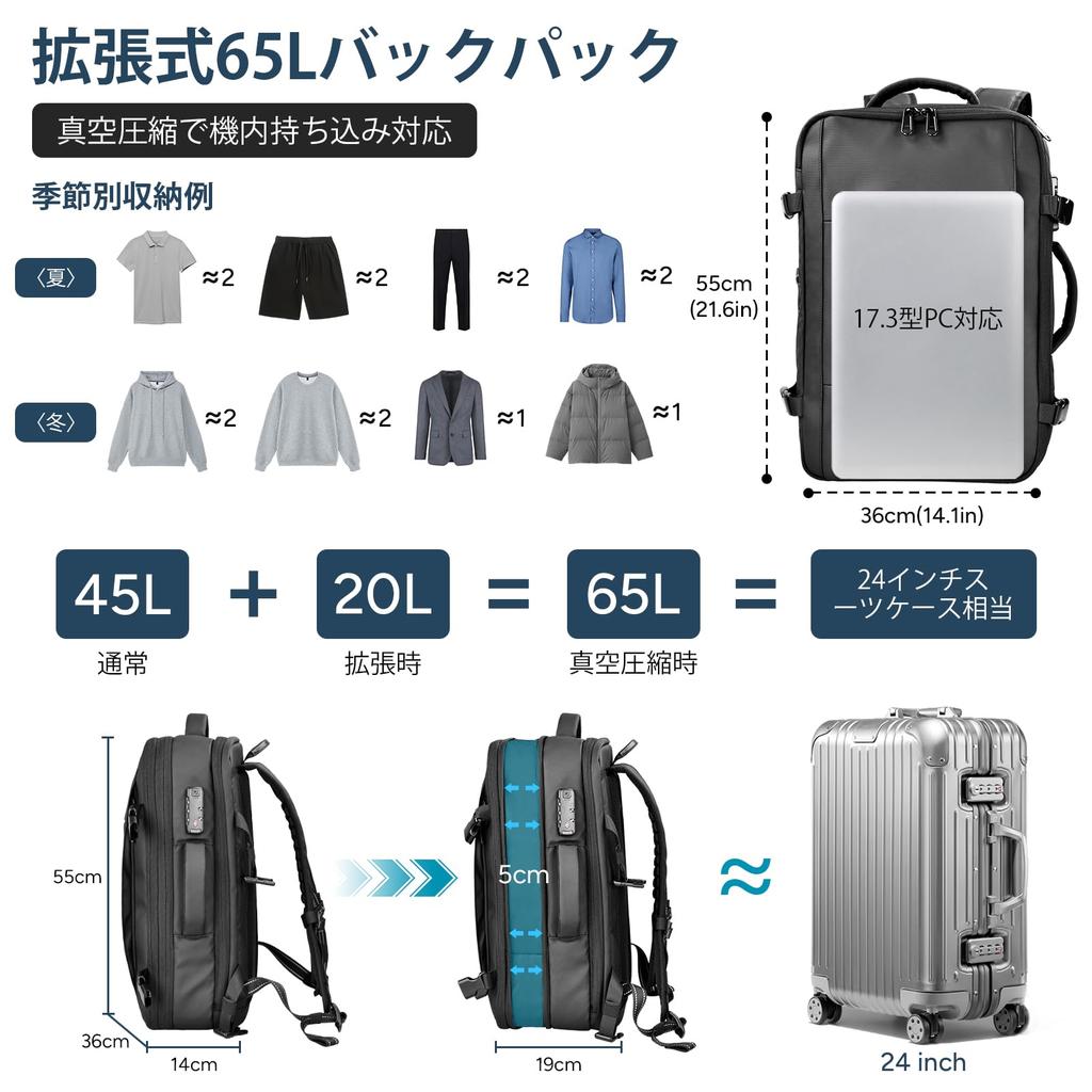[travel inspira] Vacuum Compression Backpack, 65L Expandable, Carry-On Compatible, Revolutionizing Storage, with TSA Lock & Rescue Whistle,