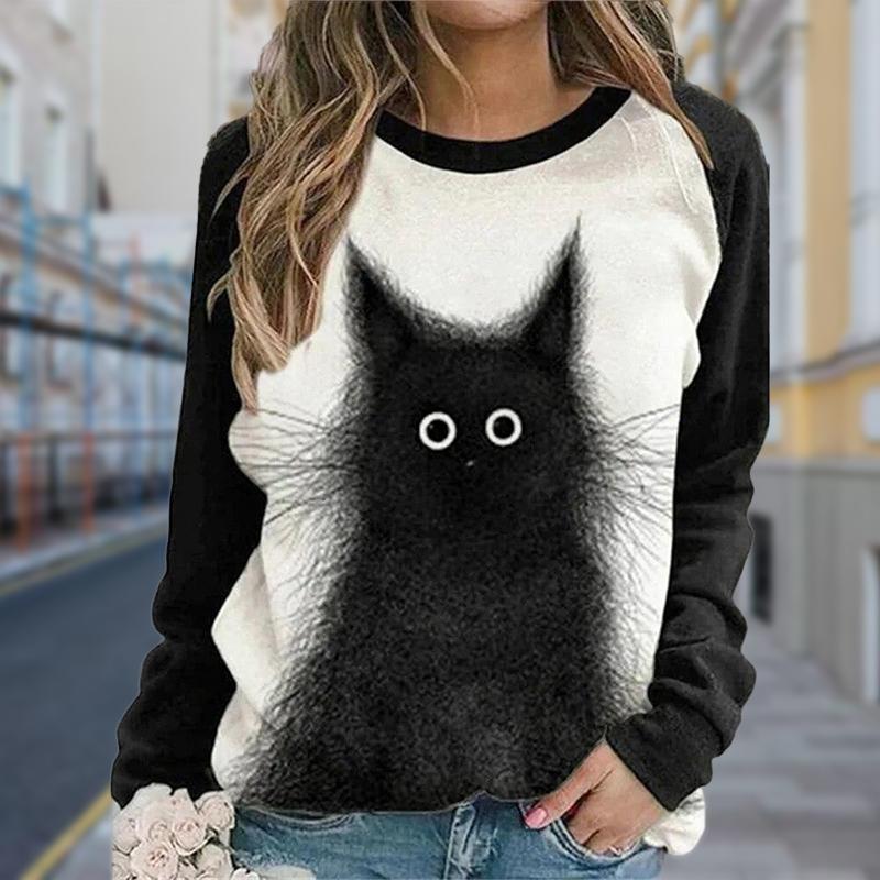 Fall Autumn Women'S Fashion O Neck Long Sleeve T-Shirt Loose  Clothes Black Eyed Cat Print  T Shirt for Girls Street