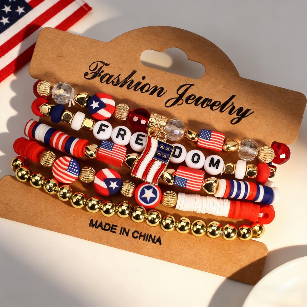 Independence Day Red, White & Blue Beaded Bracelet Set with Artificial Crystal & Polymer Clay