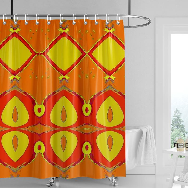 Abstract Symmetrical Shower Curtain-bright Red with Multi-color Geometric Pattern, Modern Bathroom Decoration