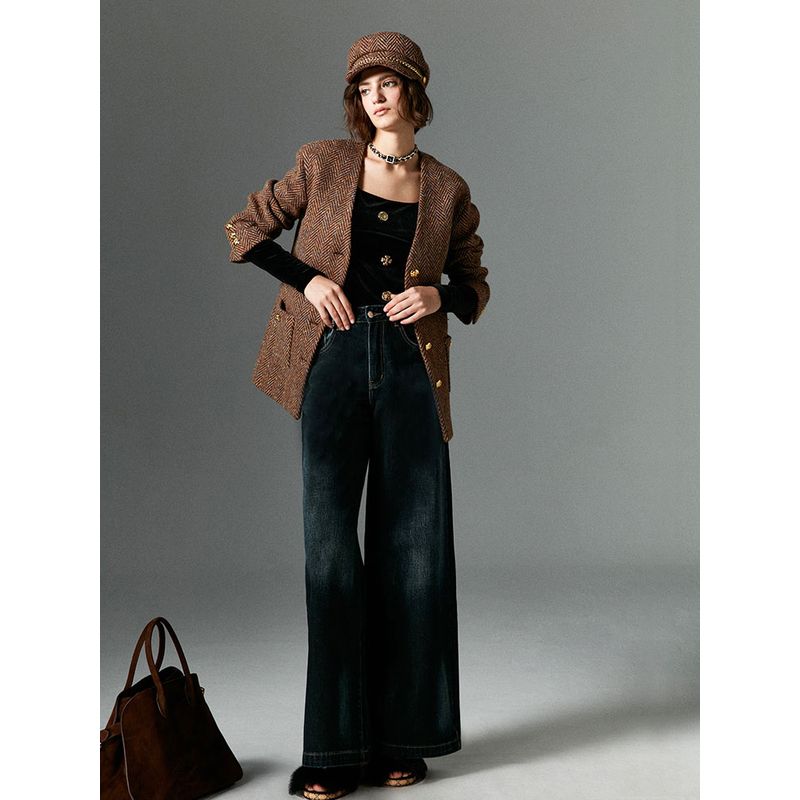 

Blacknini Yin Huafu/Luxury Brand Original Fabric Herringbone Pattern 100% Wool Hand-Woven Tweed Outwear Crewneck Outwear XS