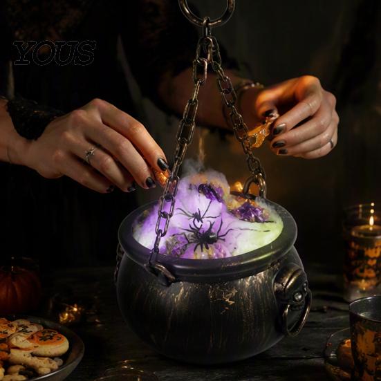 Cosplay Costume Accessories Halloween Cauldron Decoration, Spooky Large Witch with Colorful LED Light, Black Lighted Haunted House Props Plastic