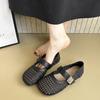 Summer New Round Head One-word Buckle Shallow Mouth Single Shoes Women's Flat Shoes Woven Hollow Mary Jane Hole Sandals