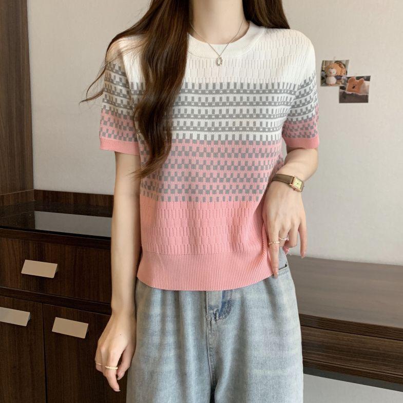 Striped Ice Silk Sweater Women's Short-sleeved Summer Loose Thin T-shirt Top