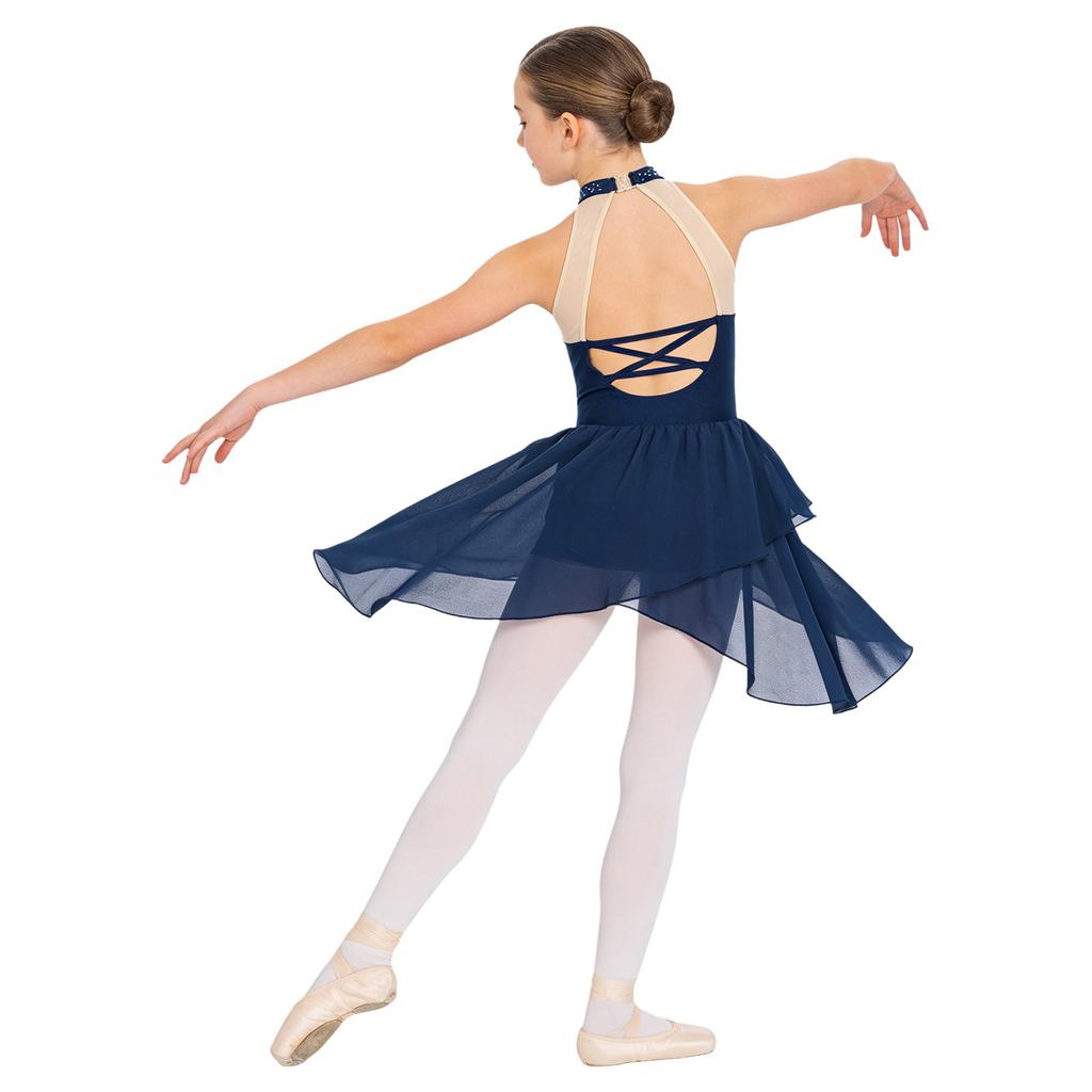 Dziewczęca Błyszcząca Sukienka Patchworkowa z Dżetami Bez Rękawów z Krytym Dekoltem Przezroczysta Siateczka Odkryte Plecy Nieregularny Dół Kostium do Tańca Lirycznego