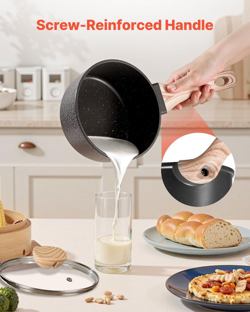 1.5 QT Saucepan, Nonstick Saucepan with Tempered Glass Lid, Multipurpose Cooking Sauce Pot with Detachable Handle, Sauce Pan Small Kitchen Cooking Pot