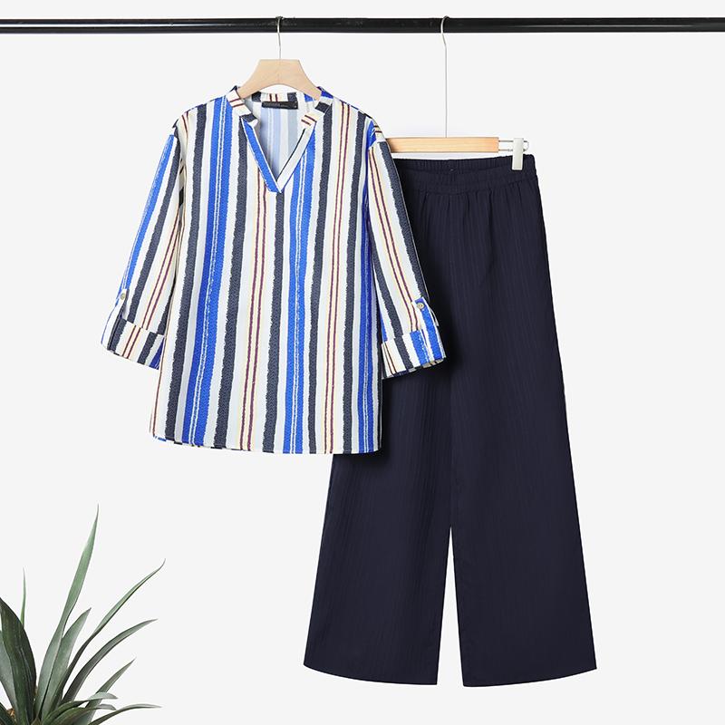 ZANZEA Women Long Sleeve Stripe Blouse and Pants Casual Two Piece Suit Sets