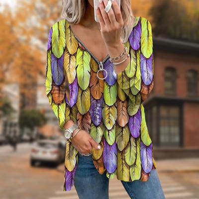Damen Herbst T-Shirt mit bunten Mini-Federn und Aufdruck, langärmelig, lockerer V-Ausschnitt, Übergröße, T-Shirt, Tops, bequeme Bluse