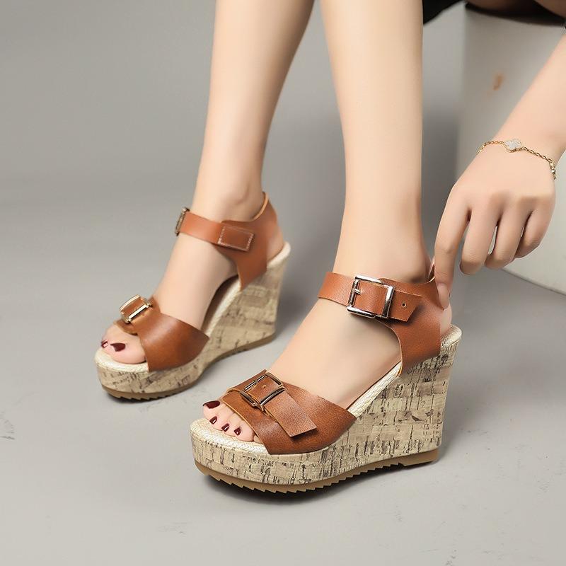 Summer new muffin thick-soled wedge heel women's shoes large size women's one-word buckle fish mouth cool women's shoes