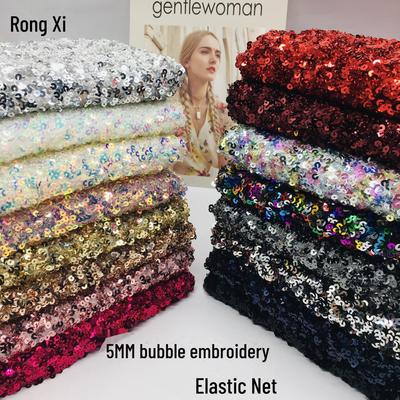 "Spot 18-Color 5mm Bubble Embroidery Elastic Mesh Sequin Dress Fabric with 3D Hanging Sequins and Beading"