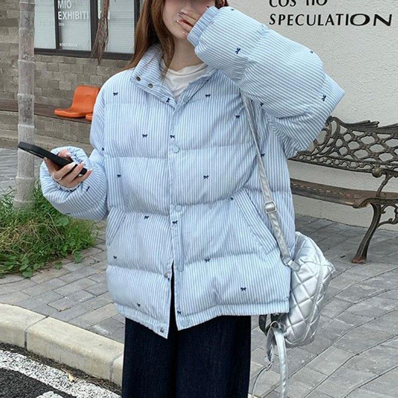 

Хлопковая куртка с полосатым бантом, женская, утолщенная, теплая, зимнее пальто для женщин, корейская мода, дутая зимняя куртка, женские парки XL синий