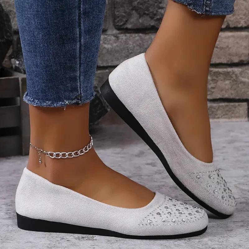 Platta Skor Dam 2026 Lätta Ballerina Sneakers Dam Glänsande Kristall Lågskor Dam Flock Mjuk Sula Gångskor för Dam