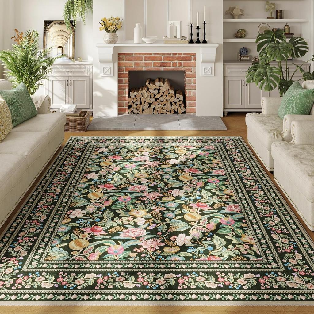 Rugs for Living Room Washable Vintage Floral Non Slip Low Pile Large Carpet for Bedroom Dining Room Nursery Play Beige Floor Mat