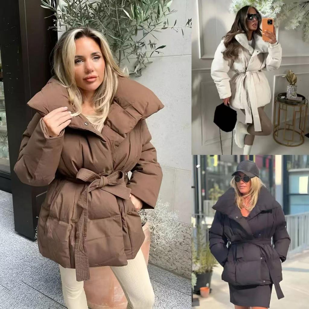 Women's Belted Lapel Puffer Jacket Coat, Winter Fashion Outerwear, Casual Tie Waist Long Sleeve Trench