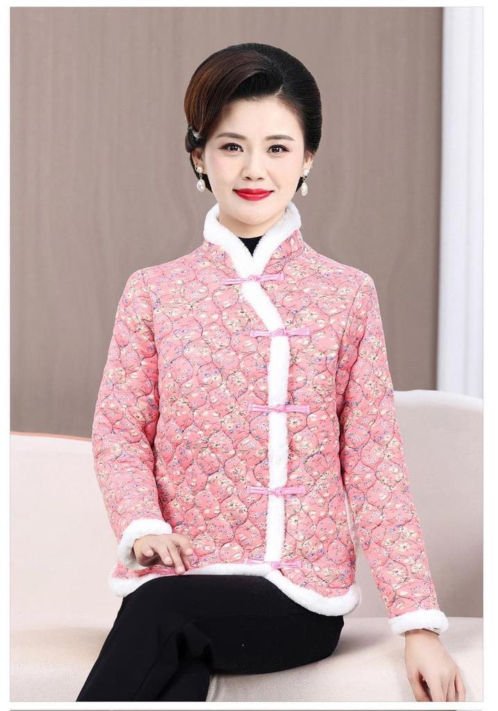 Retro Floral Chinese Style Cotton Padded Jacket for Middle-Aged Women