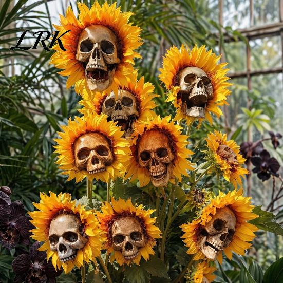 Halloween Lawn Decoration Sunflower Skull Ornament, Theme Garden Decor, Potted Resin Flower Pot Plant Waterproof Outdoor Decoration, for Patio