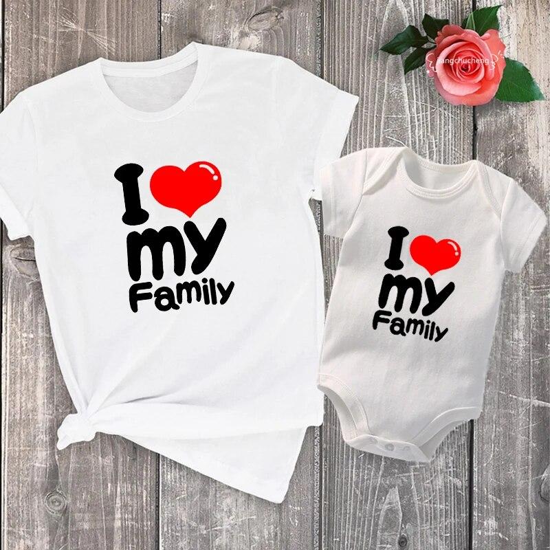T-shirty damskie Kocham moją rodzinę Zabawne jednakowe stroje rodzinne Bawełna Wygląd rodzinny Ojciec Matka i córka Syn Koszulki dziecięce Body dziecięce