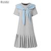 ZANZEA Women Casual Plaid Splice Round Neck Summer Short Sleeve Dress